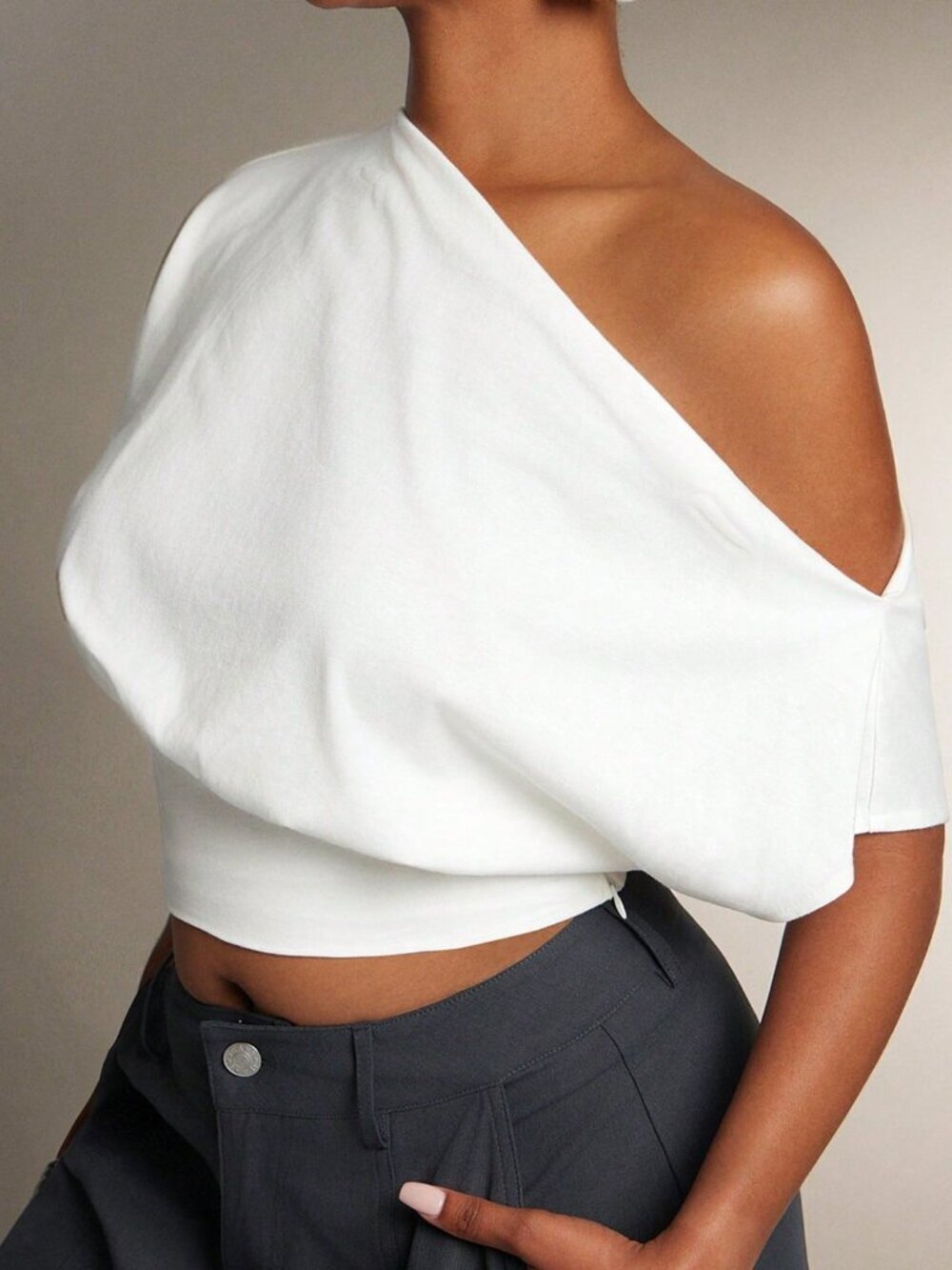 White Casual Women's Cinched Waist Off Shoulder Top Tops Tshirt - Picture 3 of 5
